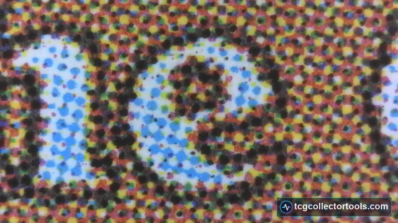 Macro of a counterfeit Magic card letter E with softened internal details.