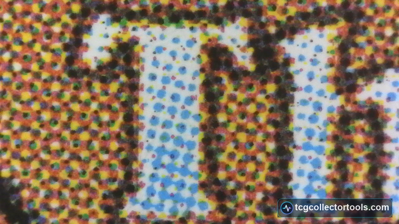Macro of a counterfeit Magic card letter T with a softer black outline.