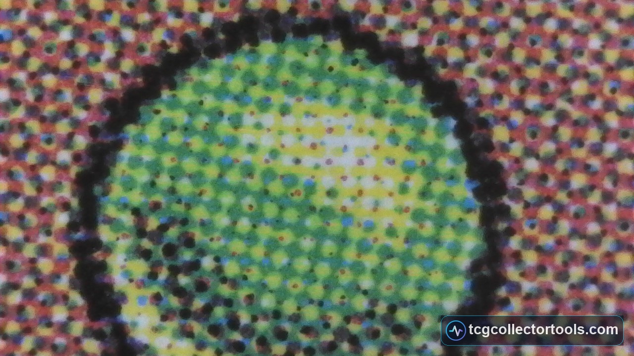 Extreme macro of the green circle on a counterfeit Magic card back, showing a coarse, scattered dot pattern and a ragged black ring.
