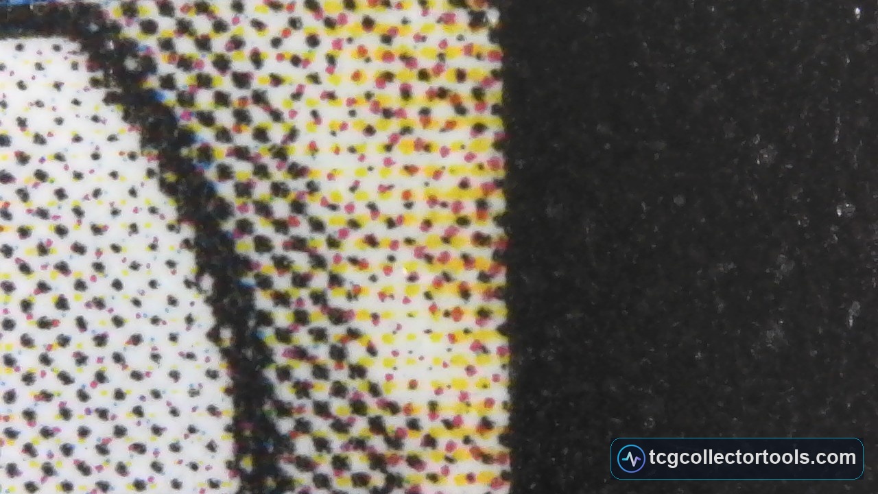 Macro of a genuine Magic card black frame border, showing a solid black overlay with a clean, defined edge over the colour printing.
