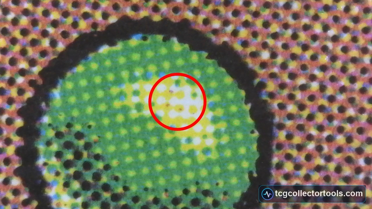 Extreme macro of the green dot on a genuine Magic card back, with a red circle marking the L-shaped red-dot pattern.