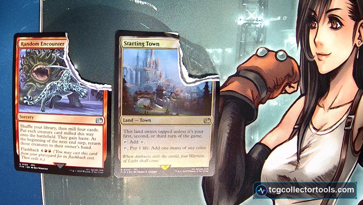 Two torn Magic cards showing a blue core on the left and a black core on the right.