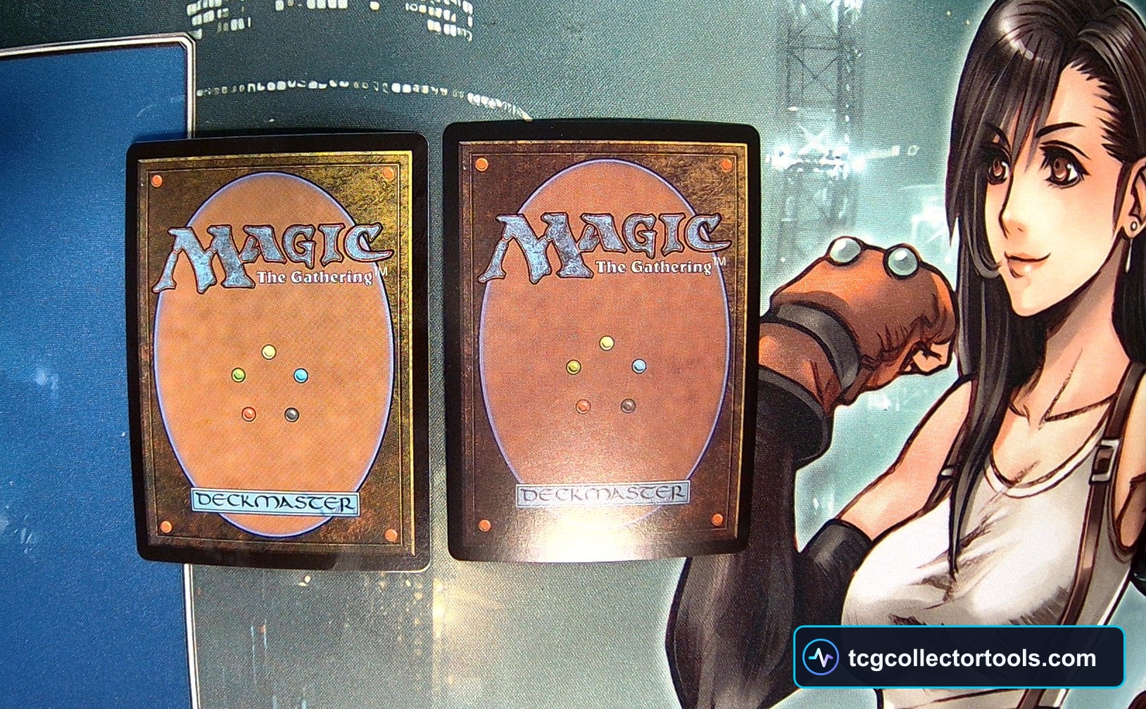 Genuine Magic card back on the left and counterfeit Magic card back on the right, photographed under neutral light.